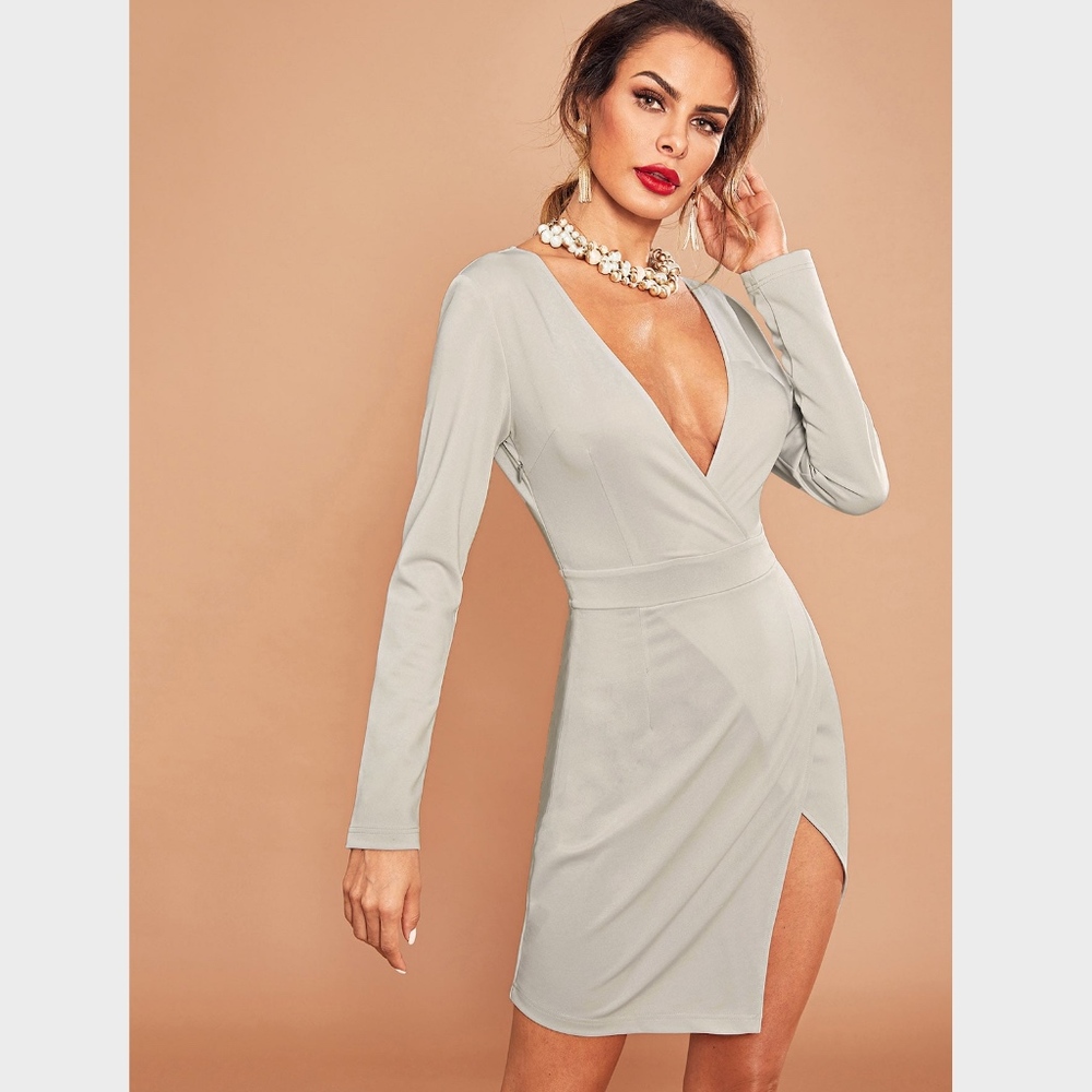 Plunge V-Neck Wrap Dress Asymmetrical Grey Slim - Picture 2 of 6